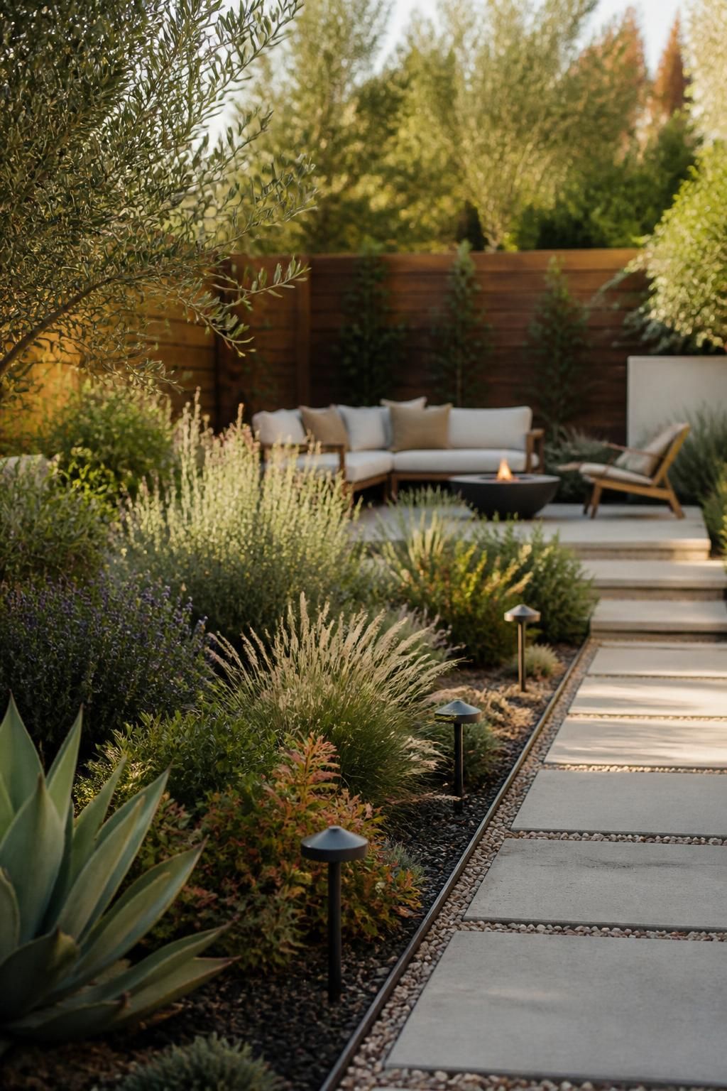Modern backyard garden with drought-tolerant planting and seating nook