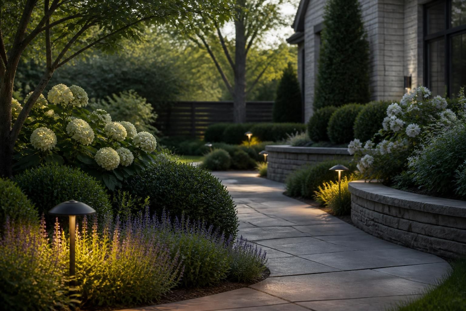Pathway lighting with layered garden plantings