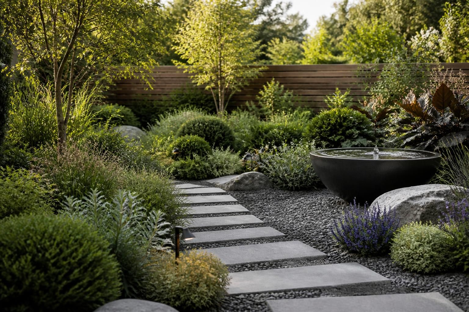Finished garden with layered plantings and clean path lines