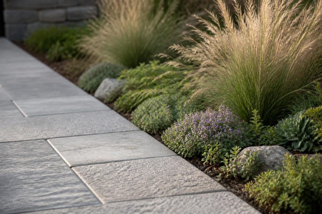 Stone pavers beside ornamental grasses and groundcover