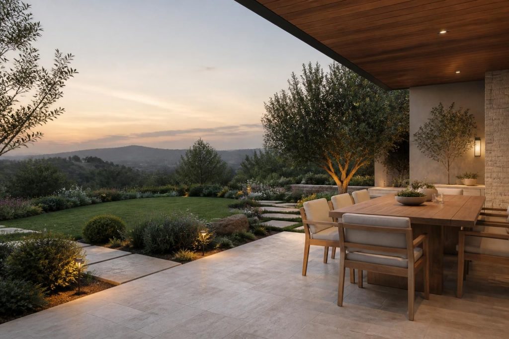 Serene patio retreat with dining terrace and evening garden light