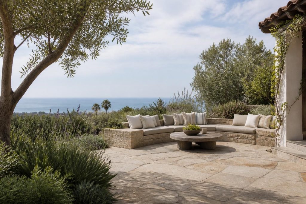 Finished stone patio with integrated seating and coastal greenery