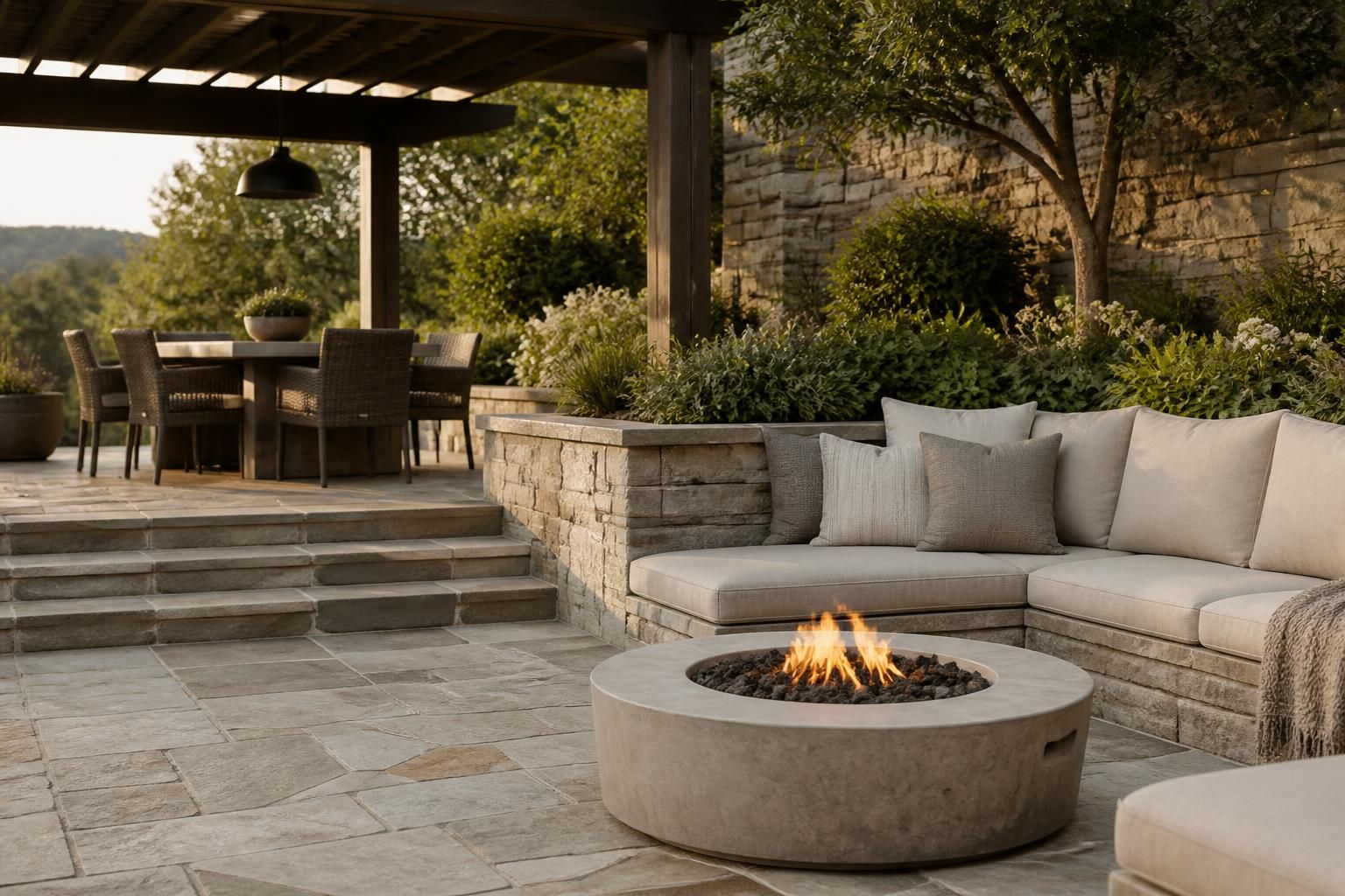 Finished outdoor living space with seating and dining area