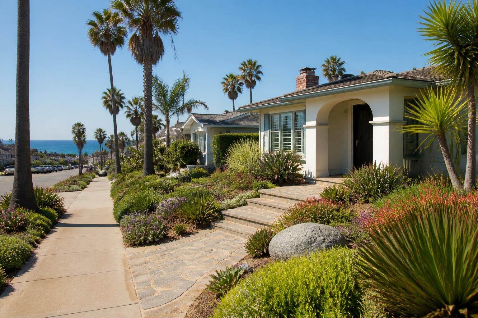 Palm-lined San Diego neighborhood with sunny homes and gardens
