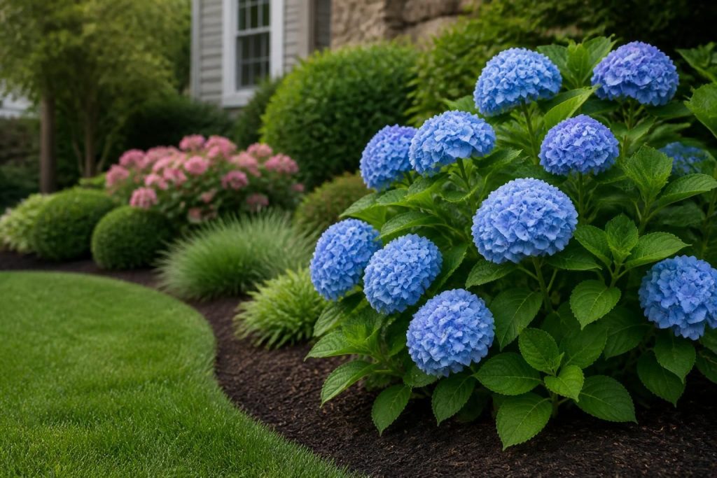 Well-maintained garden with trimmed shrubs and fresh blooms