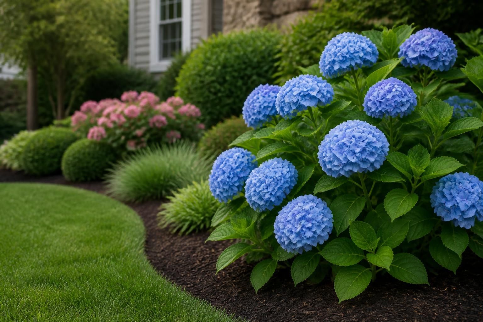 Well-maintained garden with trimmed shrubs and fresh blooms
