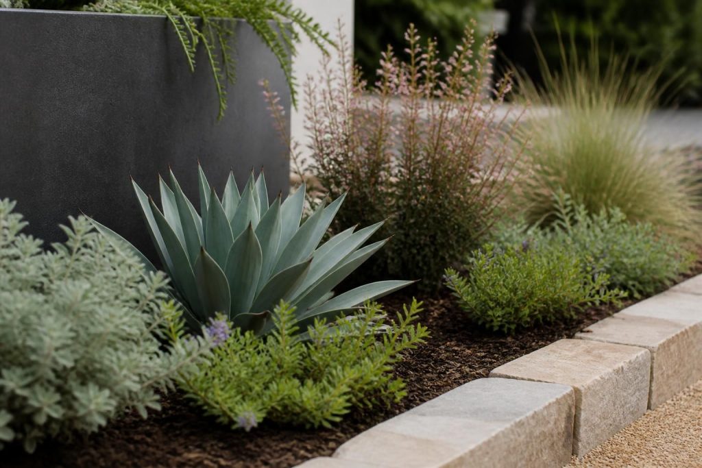 Water-wise garden bed with native plants and stone edging