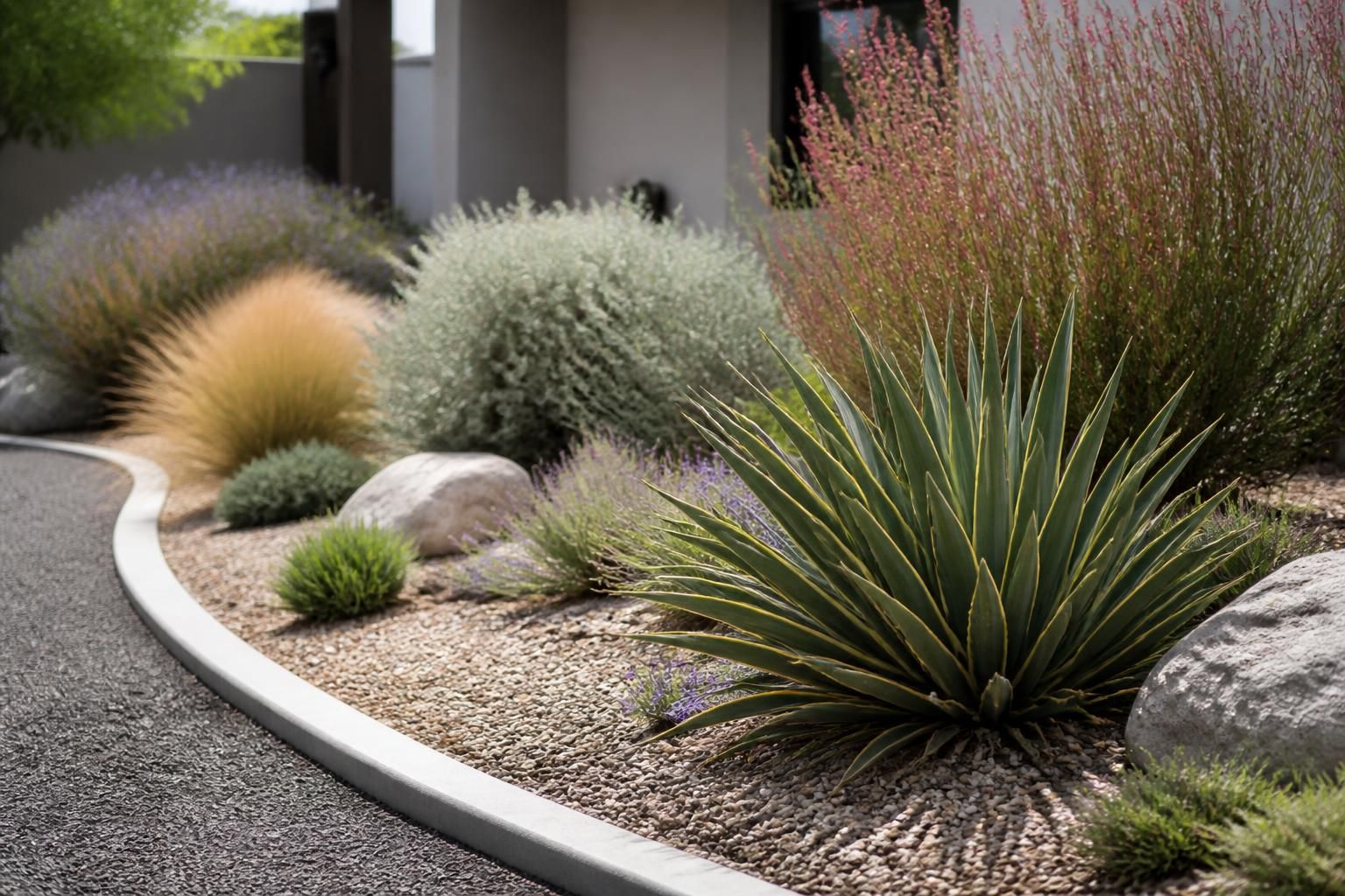 Drought-tolerant planting with gravel mulch and clean edging